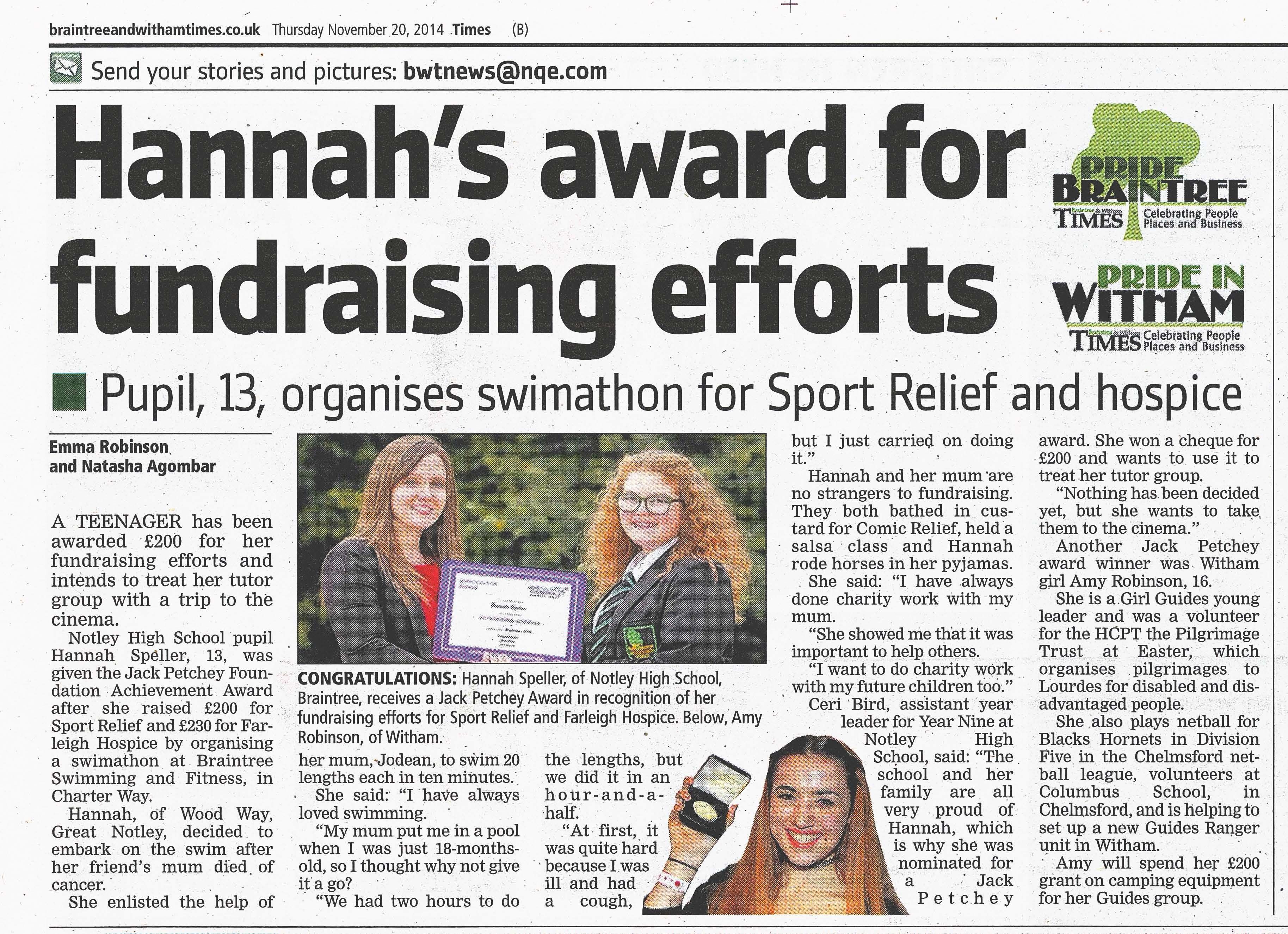 Hannah's Award for Fundraising Efforts