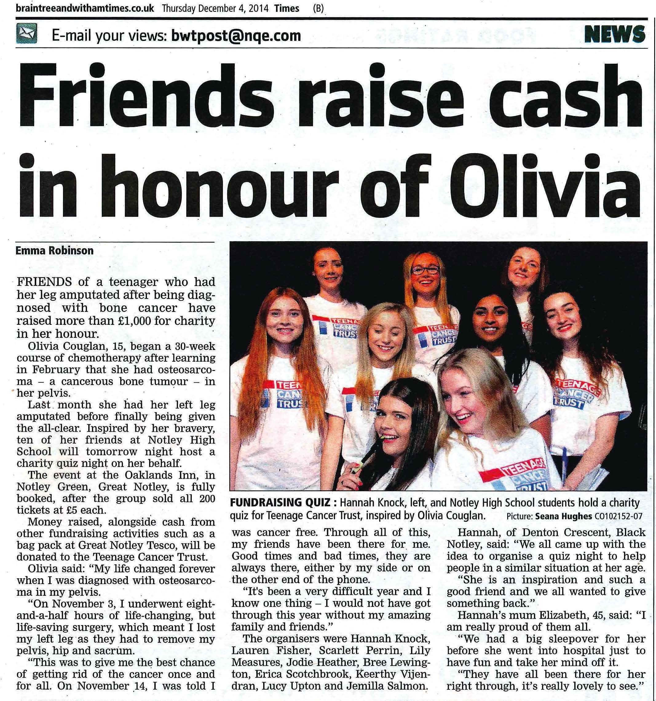 Friends Raise Cash in Honour of Olivia